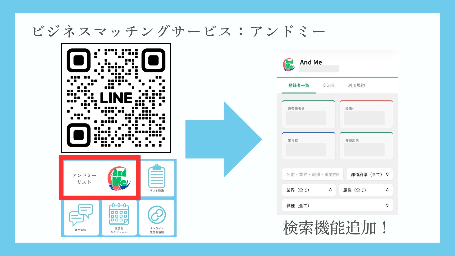 アンドミー LINE公式アカウントのQRコードと登録者一覧画面
